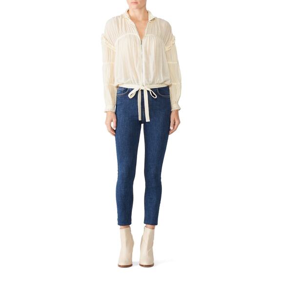 ALEXIS Ivory Cream Crinkle Chiffon Peasant Zip Front Drawstring Hem Posey Top S - Picture 13 of 16